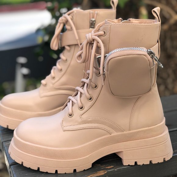 [New] LILIANA PLATFORM LACED UP COMBAT BOOTS WITH AIRPOD POCKET [NUDE BEIGE] - Picture 3 of 8